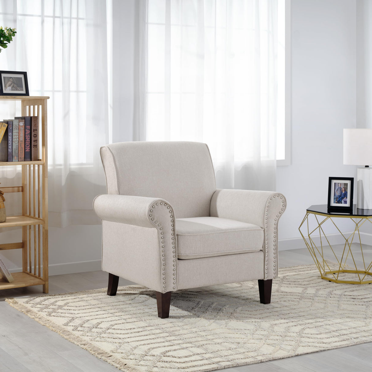 PrimeZone Comfy Accent Chair, Mid-Century Modern Fabric Living Room Chair Reading Chair with Soft Cushion, Nailhead Trim & Rolled Armrest, Arm Chair Sofa Chair for Bedroom Waiting Room Office, Beige PrimeZone
