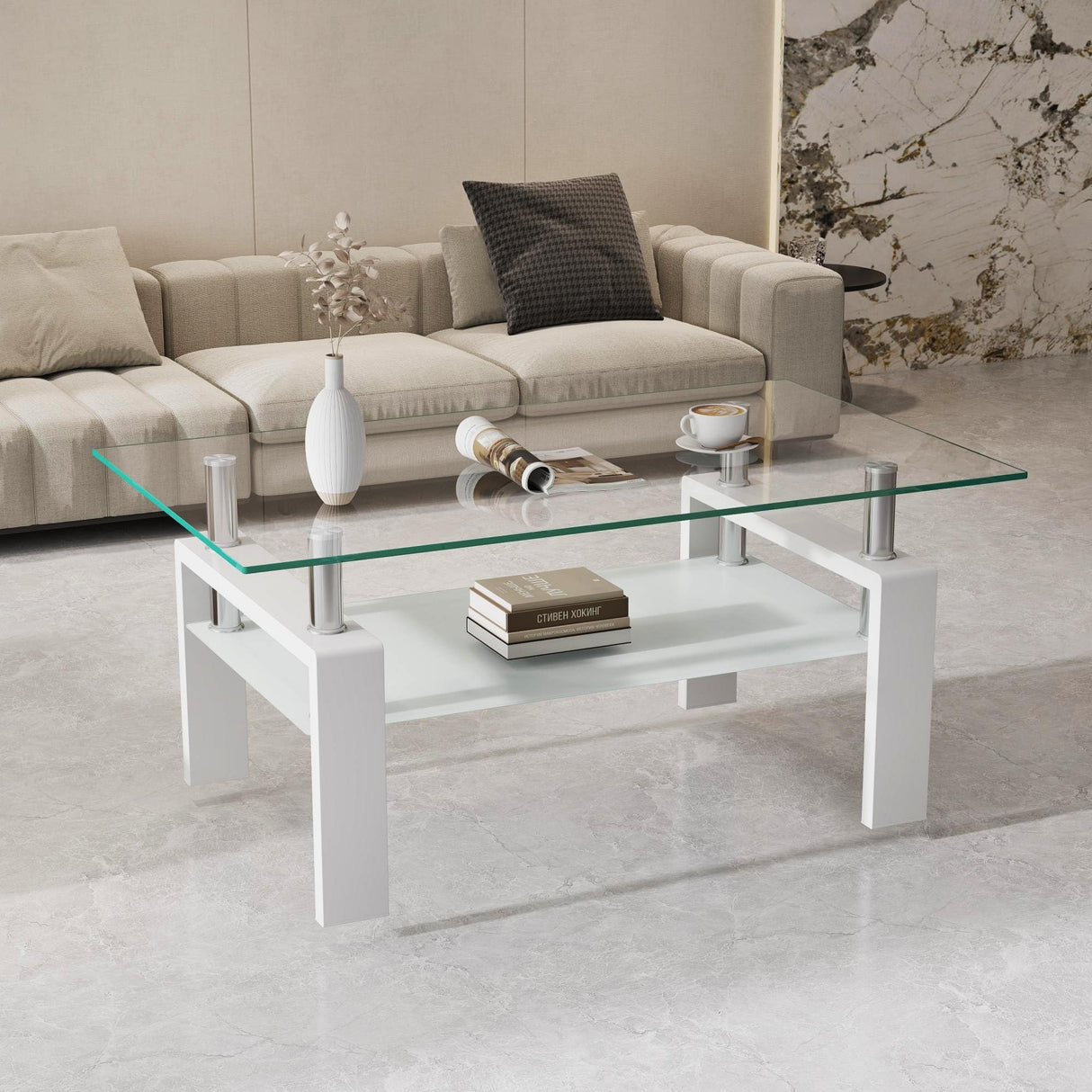 Glass Coffee Table for Living Room, Modern Coffee Table with Transparent Tempered Glass Top and White Metal Legs, Rectangle Tea Table for Home Meihua