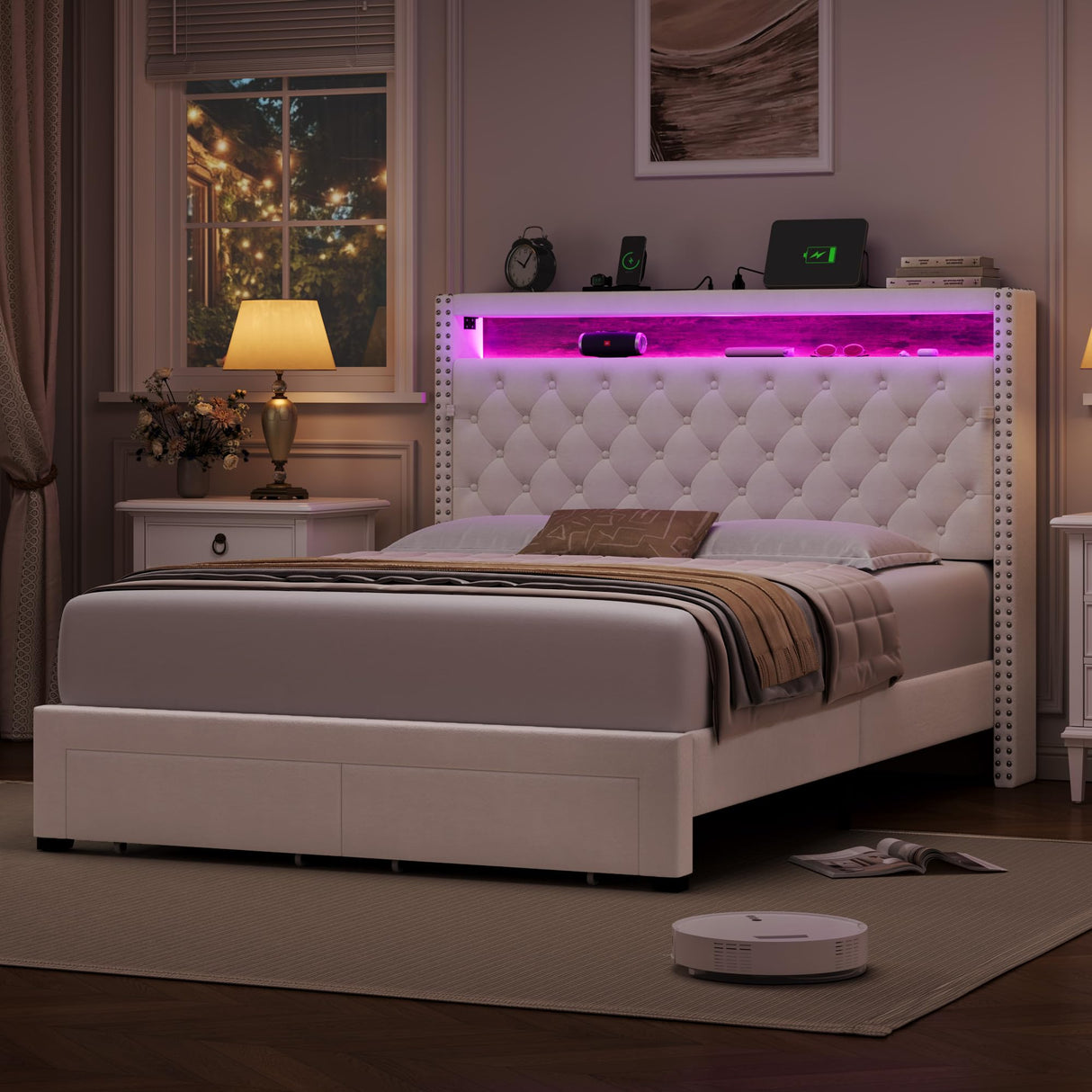 HIFIT Full Bed Frame with 2-Tier Storage Headboard & Hidden Storage, Velvet Upholstered Platform Bed Frame with 2 Drawers, Full Bed with Nailhead Headboard Built-in Charging Station & LED, Beige HIFIT