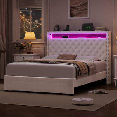 HIFIT Full Bed Frame with 2-Tier Storage Headboard & Hidden Storage, Velvet Upholstered Platform Bed Frame with 2 Drawers, Full Bed with Nailhead Headboard Built-in Charging Station & LED, Beige