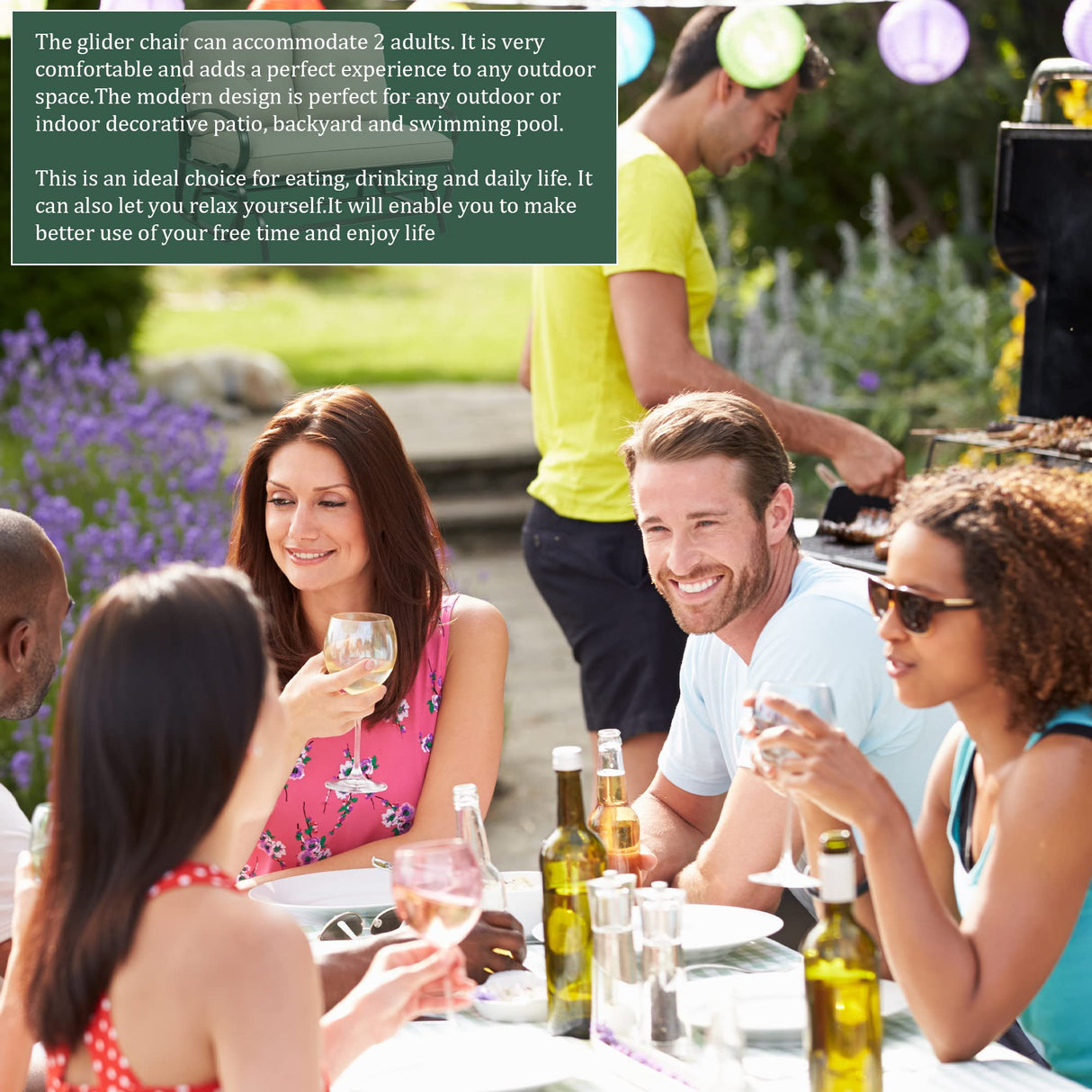 Shintenchi Metal Outdoor Patio Swing Glider Bench, Loveseat Rocking Chair, Wrought Iron Patio Furniture Steel Frame Glider Chair with Cushion for Porch, Balcony, Garden(Blue) Shintenchi