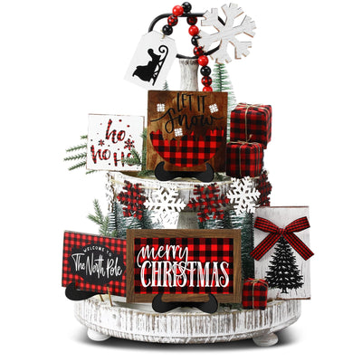 GlikCeil 20 Pcs Rustic Christmas Tiered Tray Decor Red and Black Buffalo Plaid Wooden Tiered Tray Decor for Farmhouse Christmas Winter Snowflake Wooden Table Centerpiece Sign Xmas Gift for Home Shelf