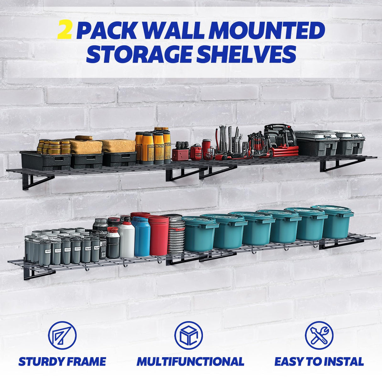 FAHKNS 2 x 6 ft Garage Wall Shelving, 2-Pack Garage Shelving Wall Mounted, 1200LBS Capacity Heavy Duty Metal Wire Shelves, Floating Long Shelf for Carport Shed Kitchen, Black FAHKNS