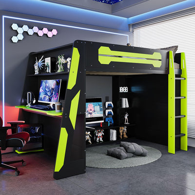 HZSMHDZKJ Full Size Esports Style Loft Bed with Desk, Multi-Storage Shelves, LED and Charging Station, Wooden Gaming Loft Bed Frame with Ladder and Safety Guardrail for Kids Teens Adults (Green)