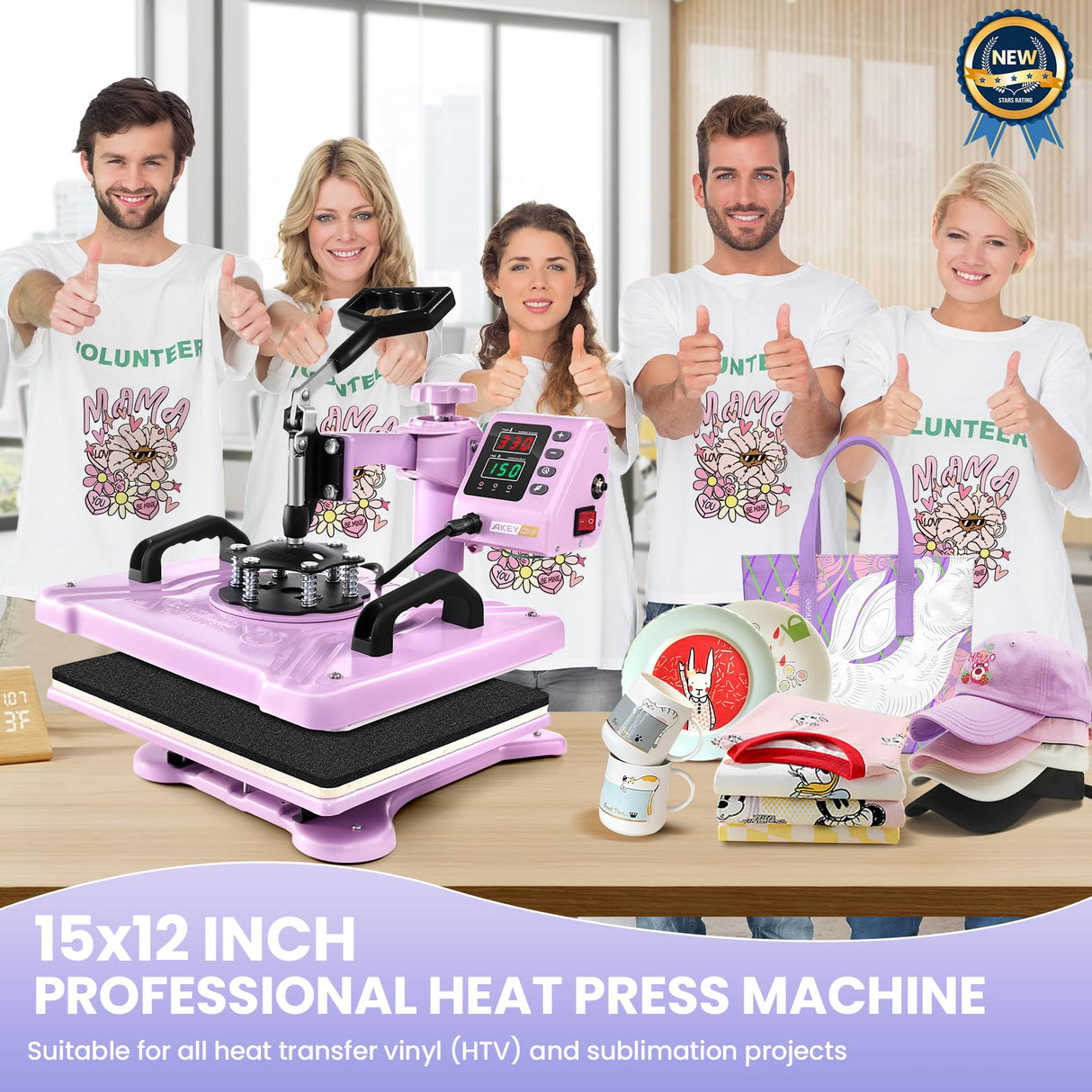 Heat Press Machine for Tshirts, 8 in 1 Heat Transfer Machine, 12" X 15" Heat Printing Press for Sublimation Combo with 360 Degree Rotation Swing Away for T-Shirt Hat Cap Mug Plate, Pink Purple AKEYDIY
