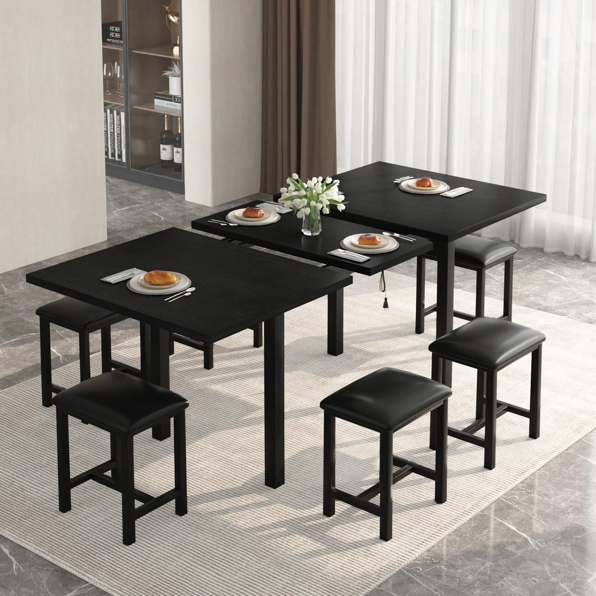 VECELO 7-Piece Dining Table Set with 6 Square Stools, 63" Expandable Kitchen Table with USB Charging & Metal Frame for 2/4/6, Wood Dinette Perfect for Small Spaces, Easy Assembly, Black VECELO