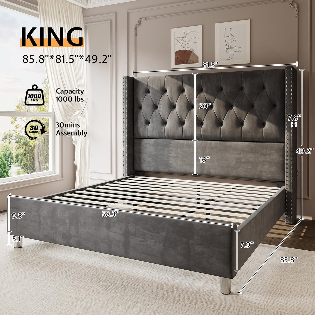 Jocisland Bed Frame King Size Velvet Tufted Upholstered Bed Low Profile Platform Bed Raised Wingback Headboard/Wood Slats Support/No Box Spring Needed/Easy Assembly/Grey Jocisland