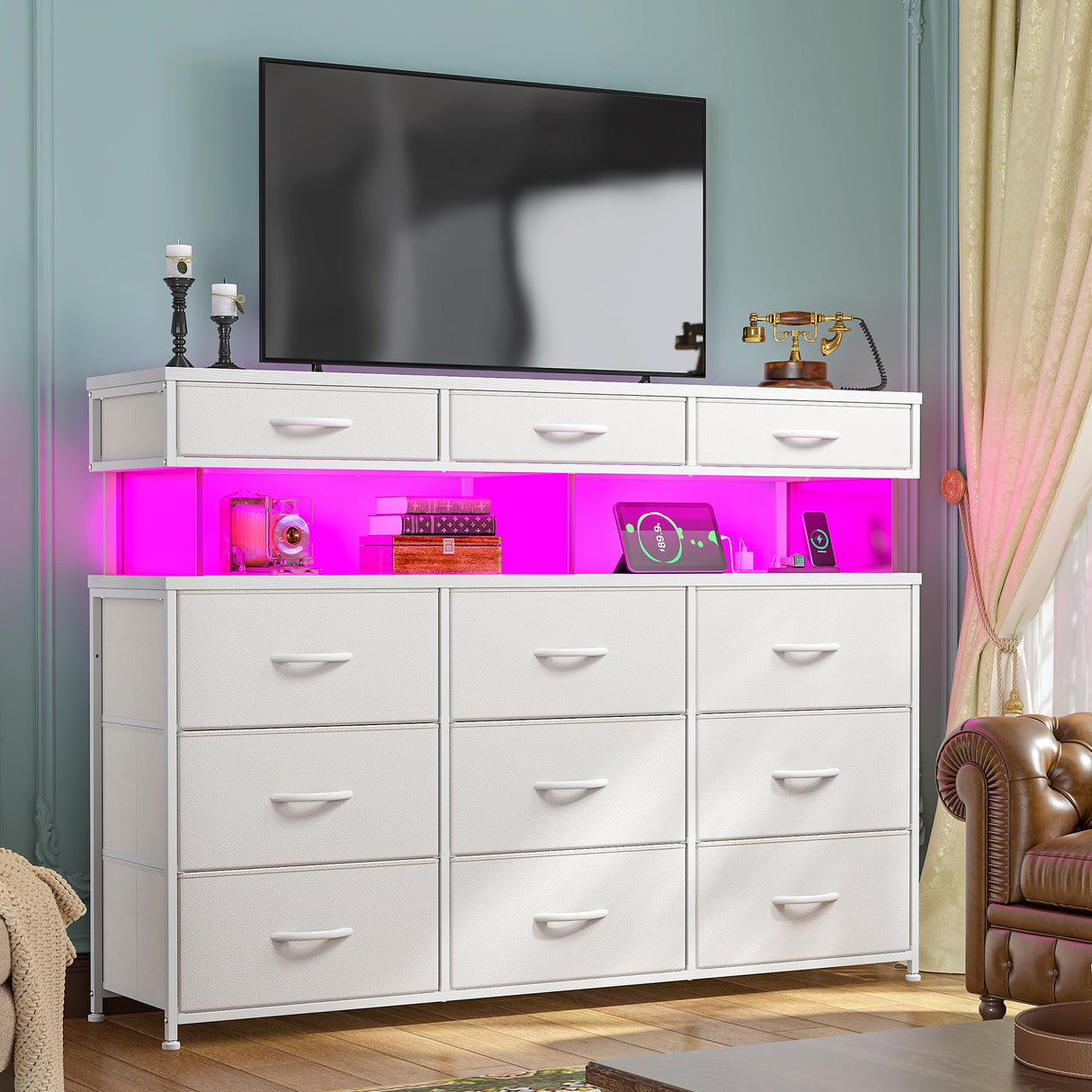 Dresser for Bedroom with Charging Station and LED Lights Dressers & Chest of Drawers with 12 Fabric Drawers Organizer with 10MM Thick Acrylic Sheet for Living Room, White Romorgniz