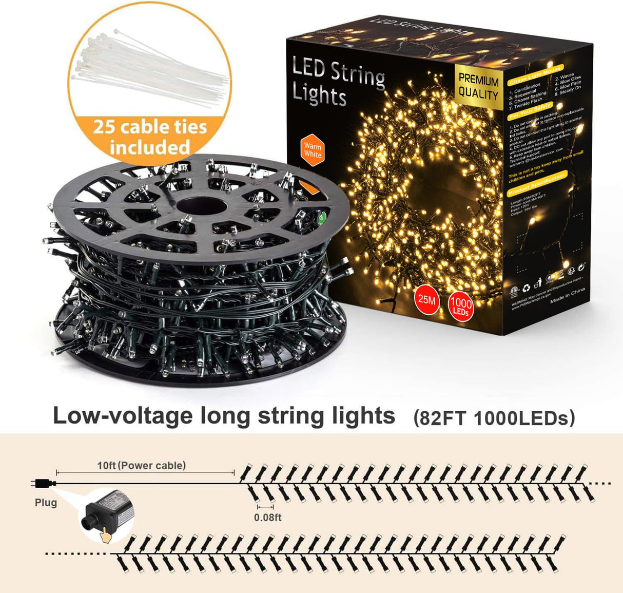 Christmas LED String Lights 82FT 1000 LEDs Christmas Tree Decoration Lights - Outdoor Waterproof Christmas Twinkle Fairy Lights for Garden Patio Xmas Wedding Party Holiday - Warm White Novtech