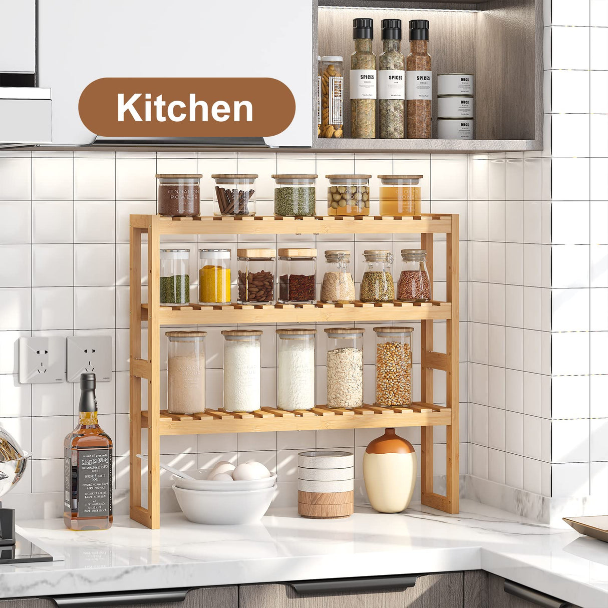 FILWH Bamboo Organizer Rack - Adjustable 3-Tier Storage Shelf, Wall Mounted or Over The Toilet, Living Room, Kitchen (Natural) FILWH