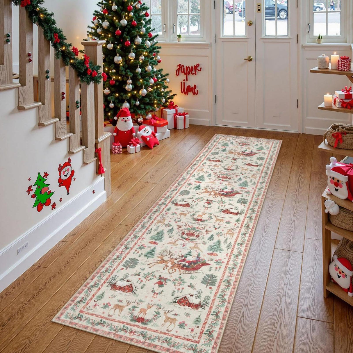 Lahome Christmas Runner Rug 2x8 Beige Rug Runners for Hallways Non Slip,Washable Kitchen Bathroom Runner Rug,Soft Christmas Tree Santa Claus Carpet Runner for Entryway Holiday Decor(2'x8',Beige) Lahome