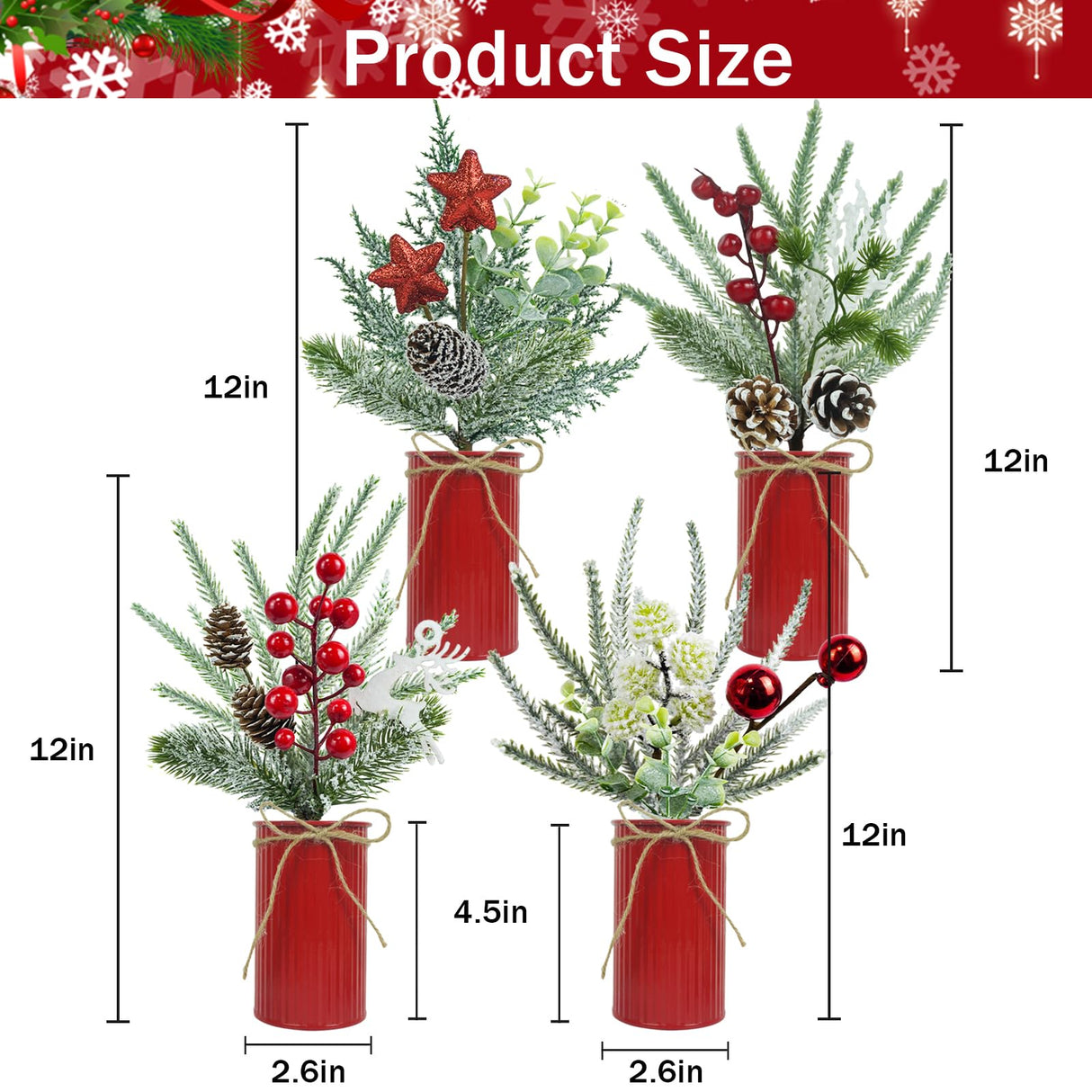 Succwoah 4 Pcs Christmas Centerpiece Table Decorations Artificial Potted Plants Floral Arrangement with Red Berries Pinecones Stars Balls for Home Desktop Farmhouse Party Decor Succwoah