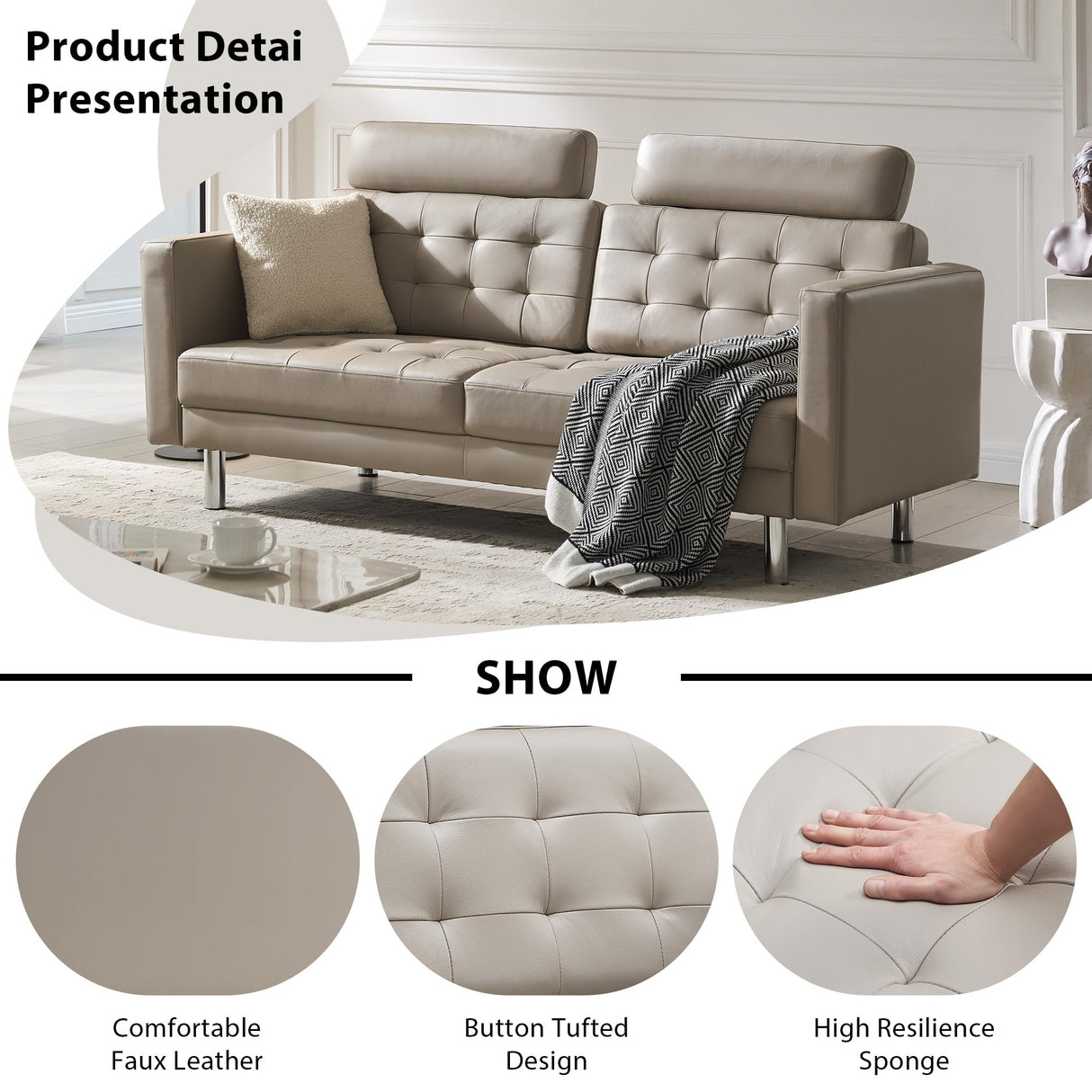 SZLIZCCC 72'' Top Grain Genuine Sofa Couch, Upholstered Cow Leather loveseat Sofas Modern Leather Couch Tufted Sofa with Metal Legs & Wide Backrest, Two Seater Couch for Bedroom,Apartment (Beige) SZLIZCCC