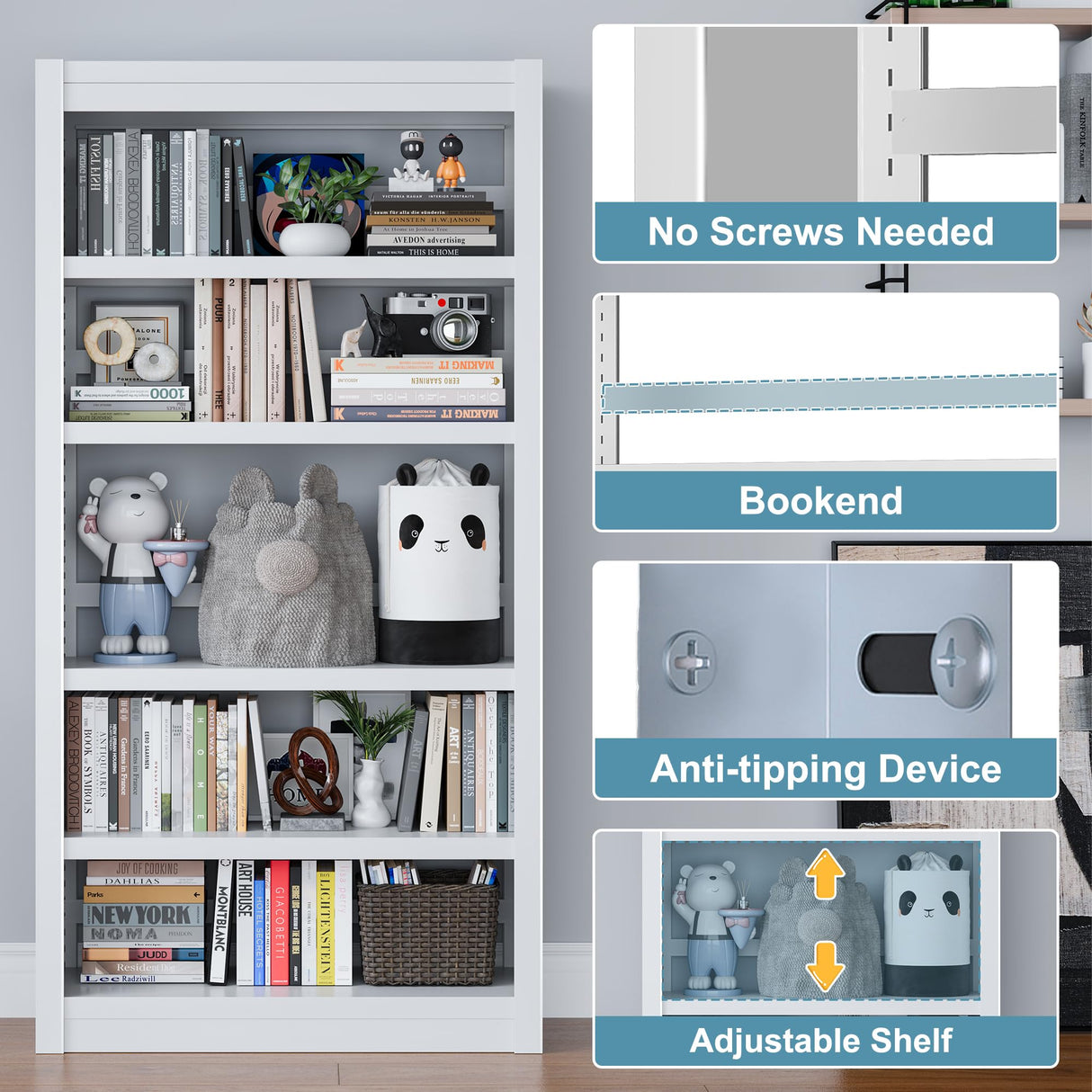 LyAosdFu Bookshelf, 5-Tier Sturdy Bookcase, Adjustable Book Shelf, Large Capacity per Shelf, Modern Book Shelf for Living Room, Home Office, Garage, Ideal for Home Organization & Stylish Upgrades LyAosdFu