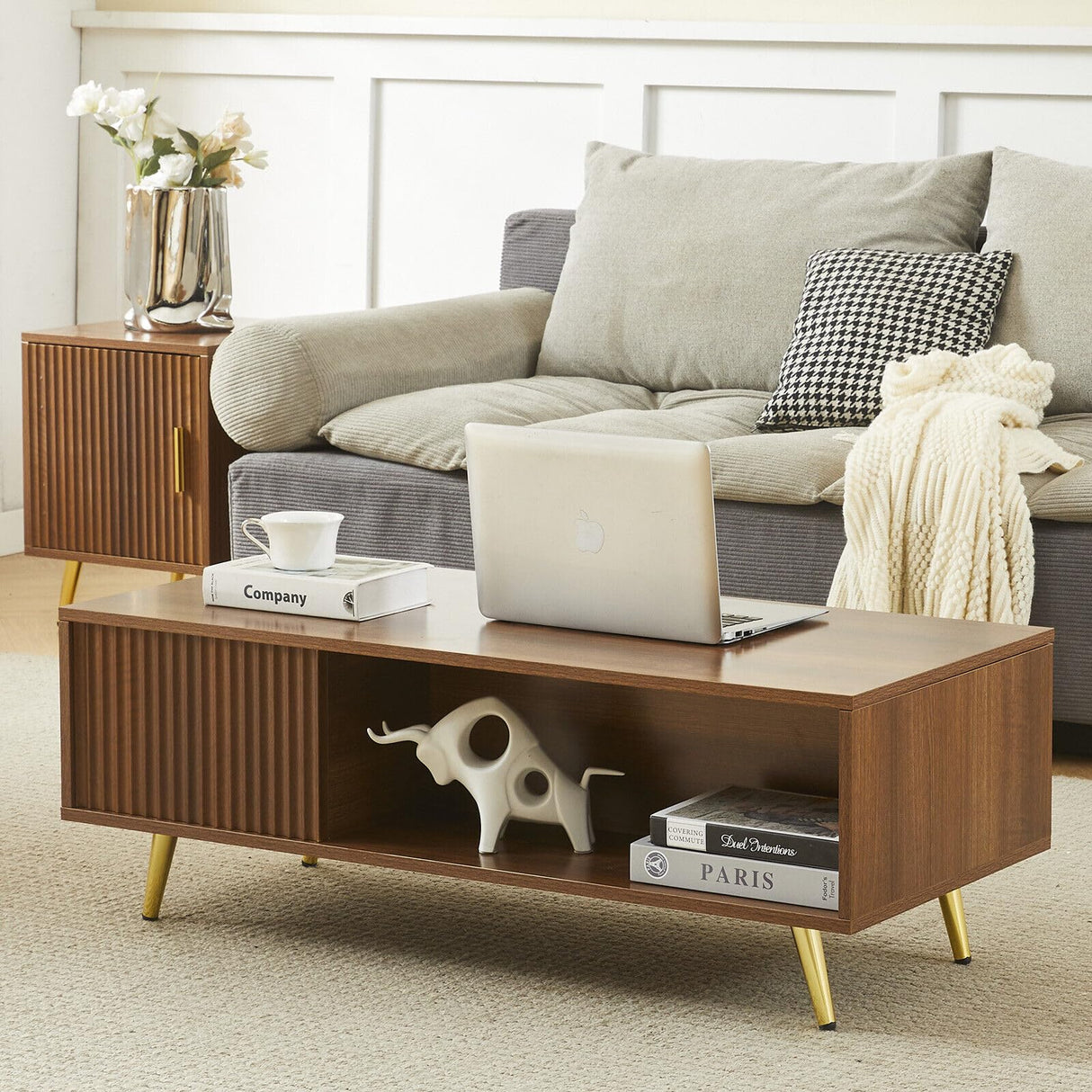 COSVALVE 41.3IN LED Walnut Coffee Tables for Living Room with 16 Colors LED Lights, Modern Minimalist Coffee Table with Fluted Panel, Rectangle Center Table Game Table COSVALVE