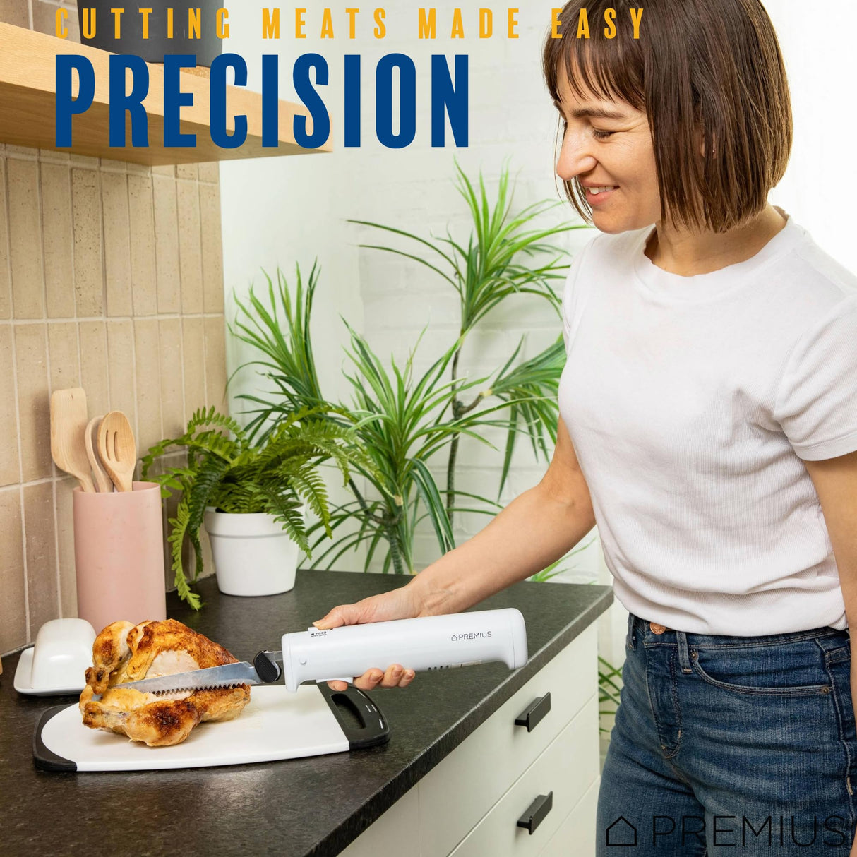 Professional Cordless Rechargeable Easy-Slice Electric Knife, Reciprocating Serrated Stainless-Steel Blades, Safety-Lock Trigger Release, Carving Meats, Turkey, Breads, Fruit, Crafting Foam, White PREMIUS