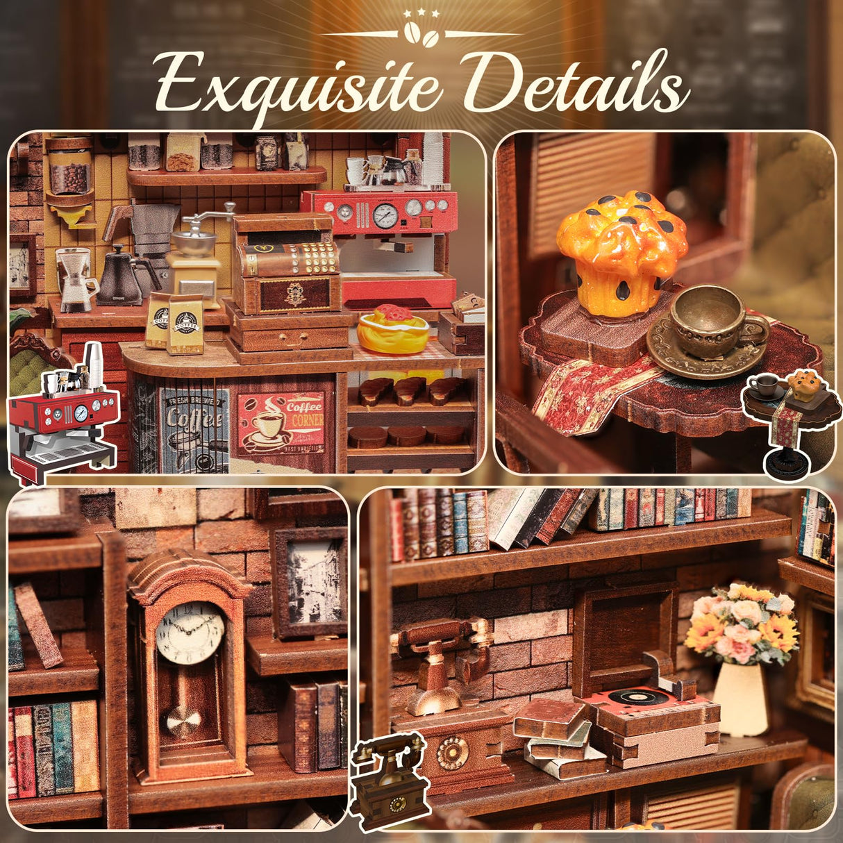 CUTEBEE Book Nook Kit - DIY Miniature House Coffee Shop Dollhouse Kit for Adults and Teens, Booknook Tiny House Bookshelf Decor 3D Wooden Puzzle, Gifts for Family, Friends (Corner Coffee Shop) CUTEBEE