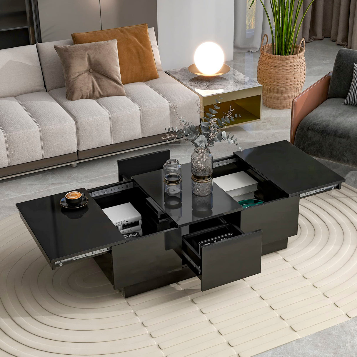 Multifunctional Coffee Table with 2 Large Hidden Storage Compartment, Extendable Cocktail Table with 2 Drawers, High-Gloss Center Table with Sliding Top for Living Room, 39.4"x21.6", Black Harper & Bright Designs