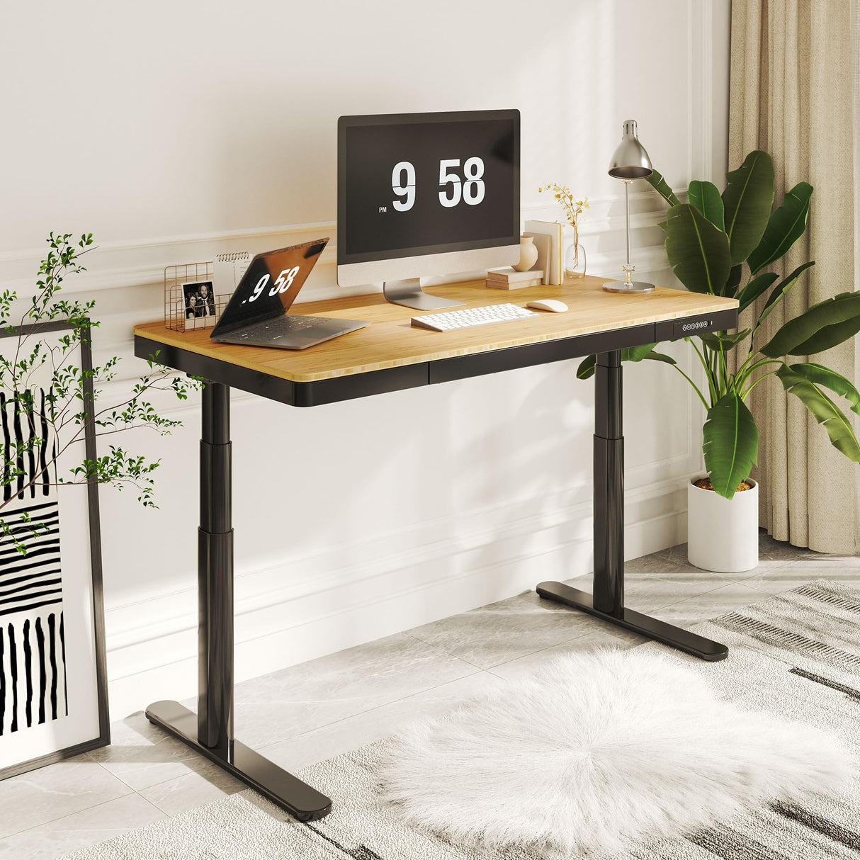SANODESK Standing Desk with Drawer,Dual Motor 3 Stage Electric Height Adjustable Home Office Desk with Storage & Wireless Charging, 55 inch Bamboo Tabletop/Black Frame SANODESK
