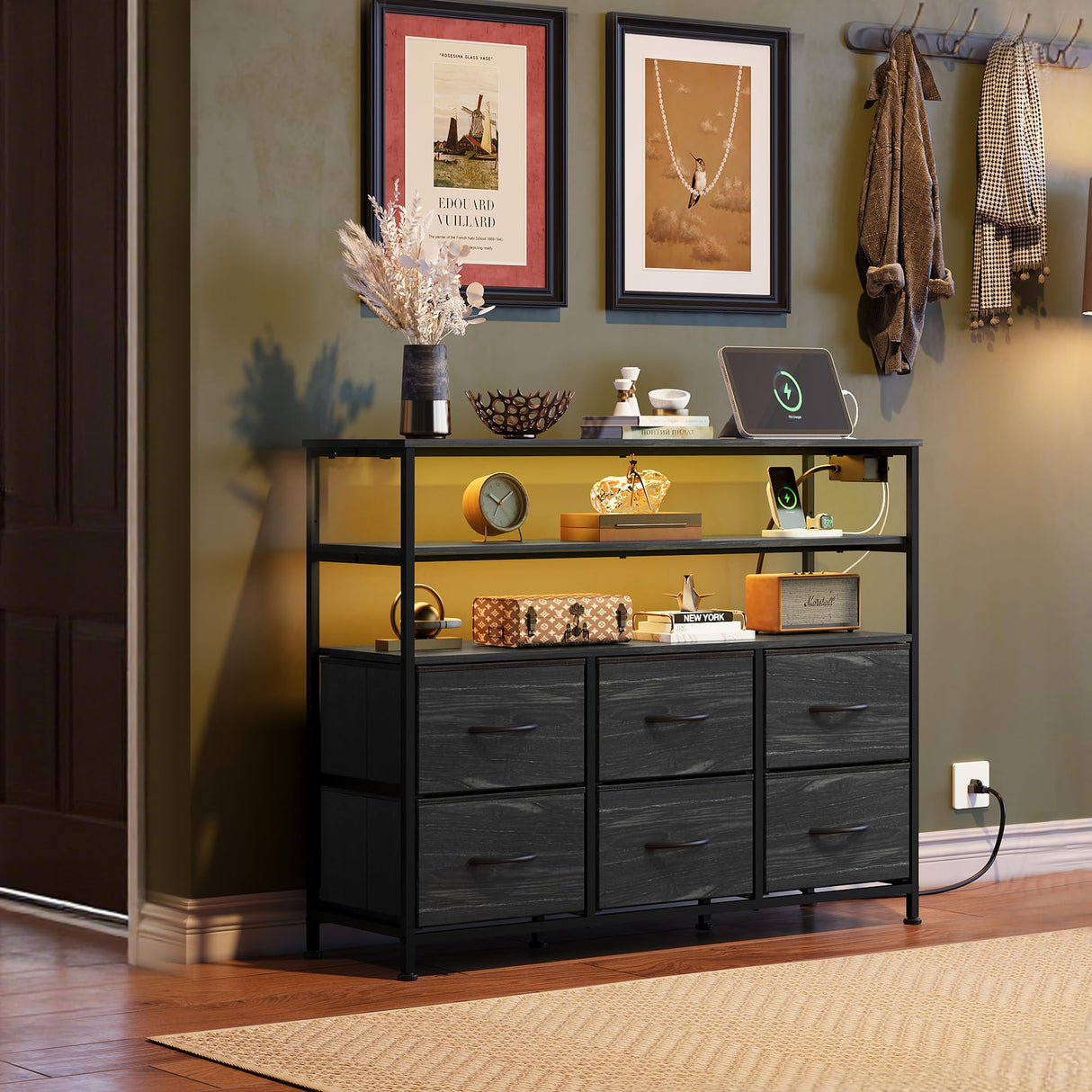 WLIVE Black TV Stand for 40, 45 inch TV, Entertainment Center with LED Lights & Charging Station, TV Media Console Table with 6 Fabric Drawers and Open Shelves for Living Room, Hallway, Wood Top WLIVE