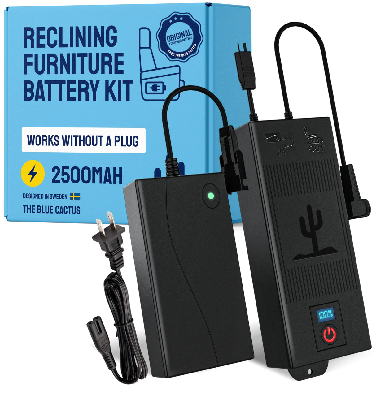 The Blue Cactus Universal Battery Pack for Reclining Furniture with LCD Display- Wireless 2500mAh Rechargeable Battery for Electric Recliner, Power Sofa, Couch, Lift Chair- Fits 2-Pin Motion Furniture The Blue Cactus Company