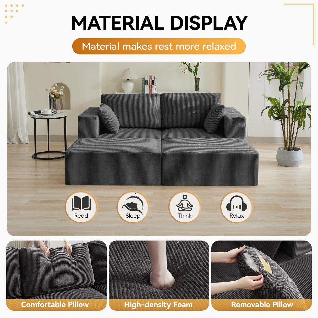 83'' Boneless Loveseat Sofa, Comfy Deep Seat Cloud Couch with 2 Moveable Ottoman, No Assembly Corduroy Love Seat for Living Room, Grey WUTUTUEE