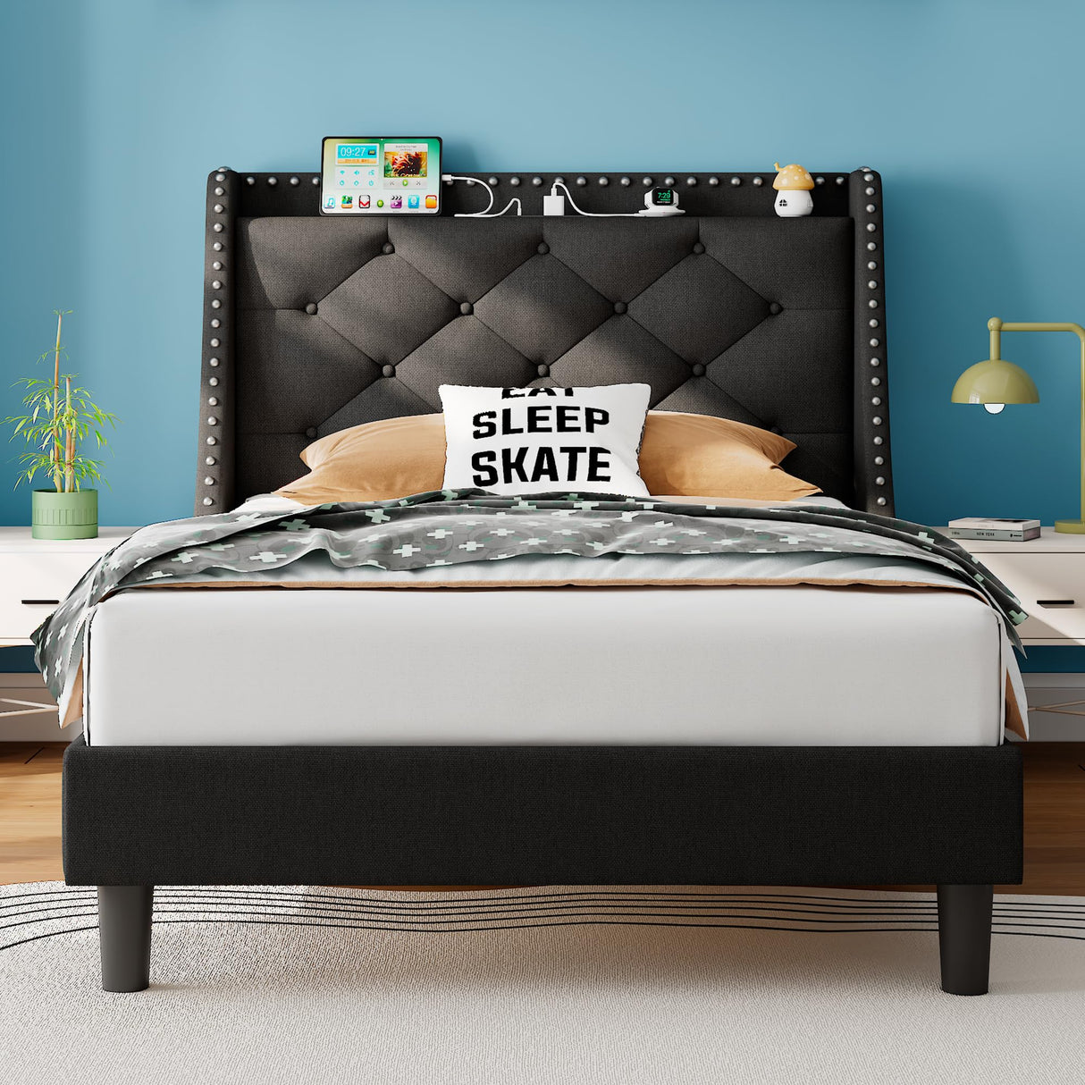 iPormis Twin Bed Frame with 16" Comfort Wingback & Charging Station, Upholstered Platform Bed with Button Tufted Storage Headboard, Solid Wood Slats Support, No Box Spring Needed, Black iPormis