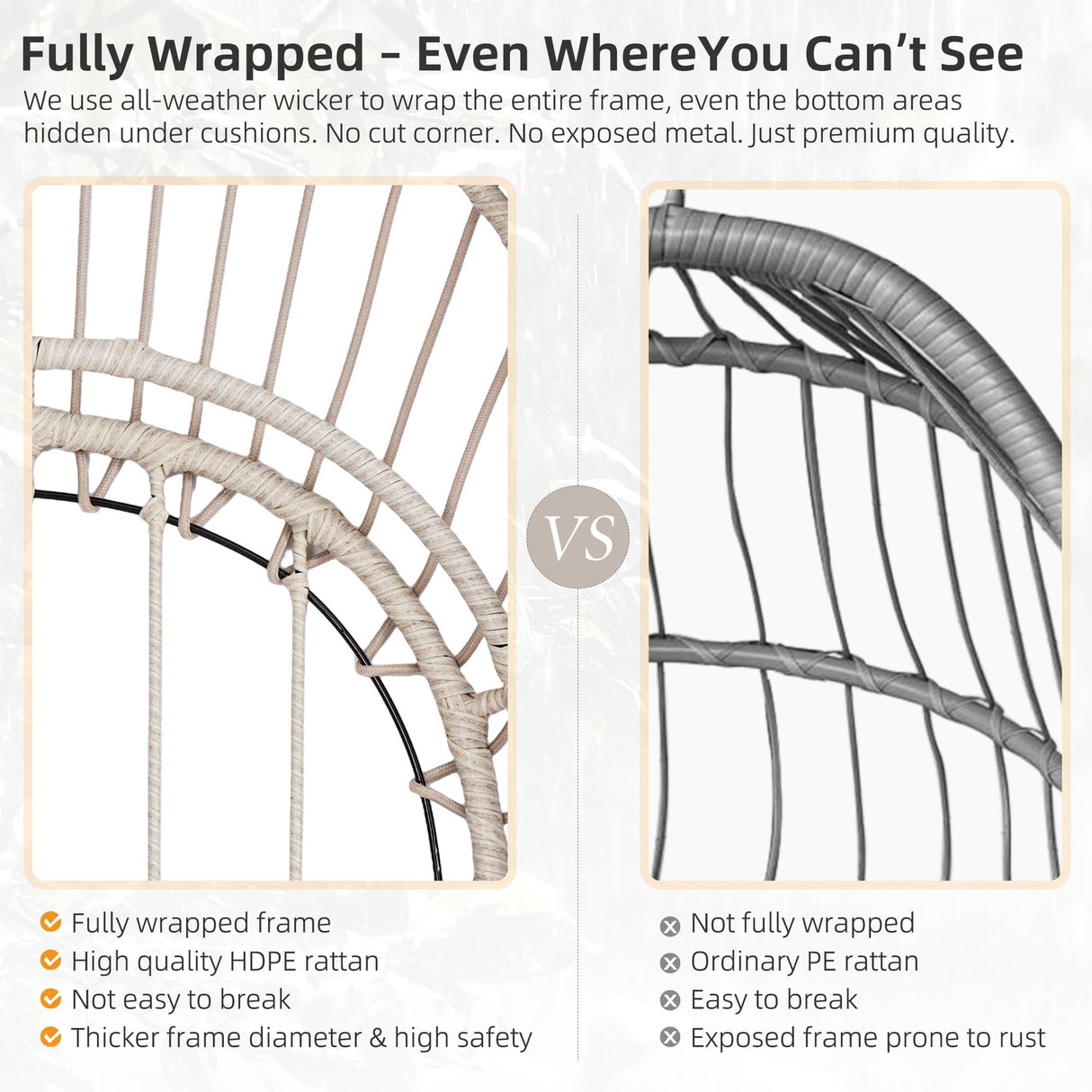 DAIJIA CHINA Foldable Hanging Egg Chair with Stand, HDPE Rattan and Heavy Duty Aluminum-Steel Frame, Outdoor Patio Wicker Swing Egg Chair with Headrest and Cushioned, 350 Lbs Capacity (Beige) DAIJIA CHINA