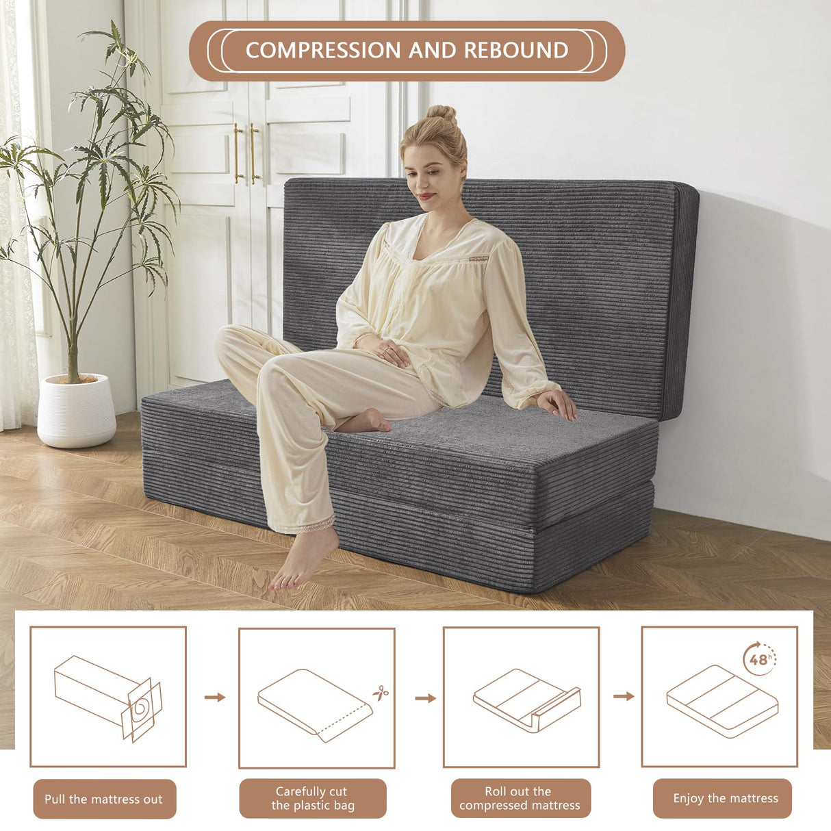 BYBYME Tri-Folding Corduroy Mattress, 6 Inch Gel Folding Mattress Topper, Foldable Soft Guest Bed Camping Pad, Washable Cover (Carbon Gray, Full) BYBYME