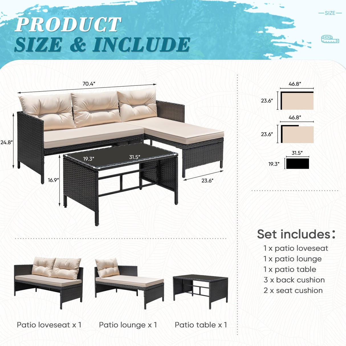 Greesum 3 Piece Patio Furniture Set Outdoor Wicker Rattan Sectional Sofa with Cushions & Coffee Table for Yard, Garden, Porch, Poolside, Light Beige Greesum