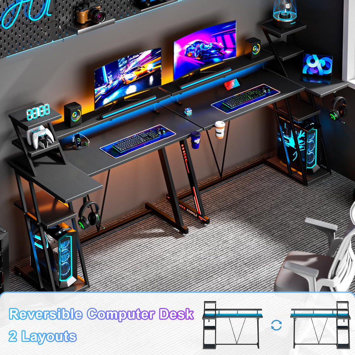 Korfile Reversible Corner Gaming Desk with LED Lights & Power Outlet, L Shaped Computer Desk with Extra Storage Shelves, Gamer Workstations with Monitor Stand for Bedroom, 47 Inch, Carbon Fiber Black Korfile