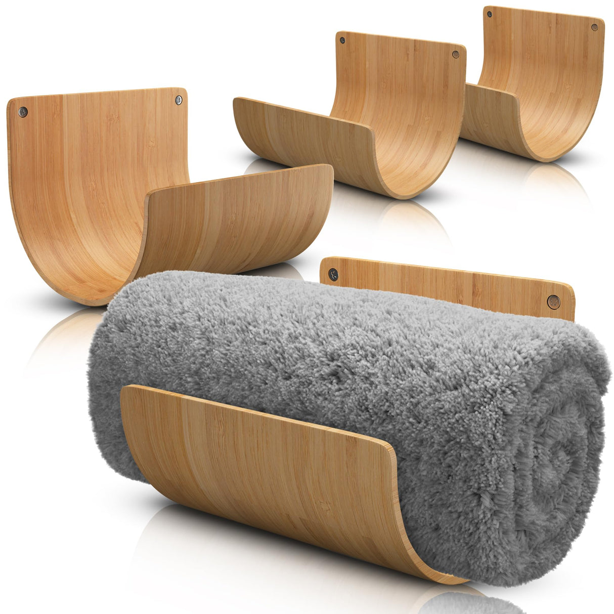 AURA NEST Set of 4 Towel Holder for Bathroom Wall, Modern Bamboo Wall Towel Rack for Rolled Towels, Sturdy Space-Saving Hanging Wood Towel Rack, Effective and Versatile for Spa, Guest Bath, Blanket AURA NEST