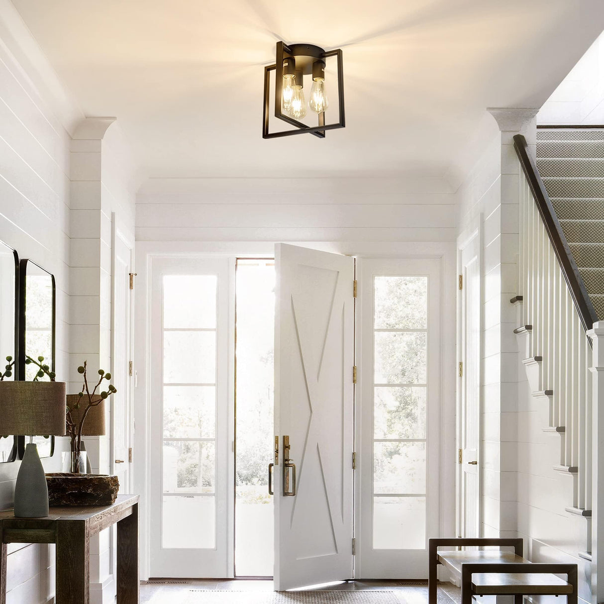 LEIP 3-Light Ceiling Light Fixture, Semi-Flush Mount Light with Contemporary Geometric Metal Cage, Farmhouse Industrial Lighting for Kitchen Living Room Bedroom Hallway Foyer, E26 Black LEIP