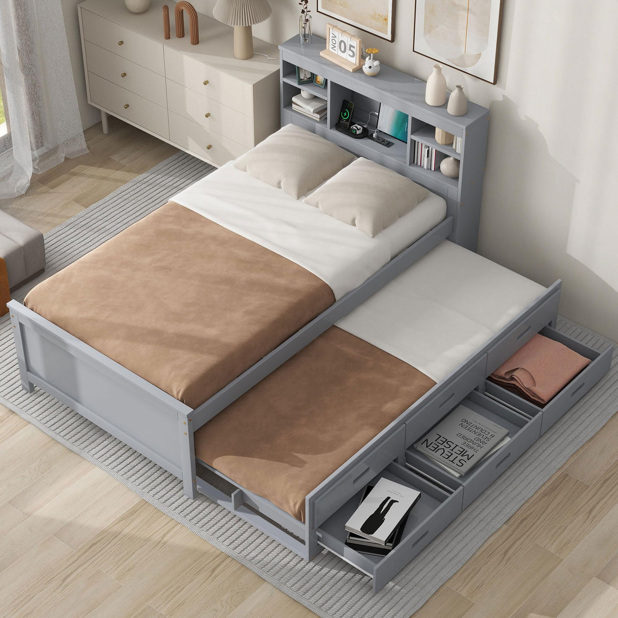 Twin Size Platform Bed with Storage Headboard, Twin Size Platform Bed with TwinSize Trundle and 3 Drawers&USB,Solid Wood Bed Frame with Storage Kids,No Box Spring Needed. (Gray) Bellemave