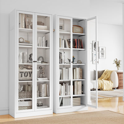 FLIXELIO Display Cabinet with Glass Doors 71" Tall Metal Kitchen Storage Pantry with Adjustable Shelves, Curio Storage Cabinet for Kitchen, Dining Room, Garage, Assembly Required