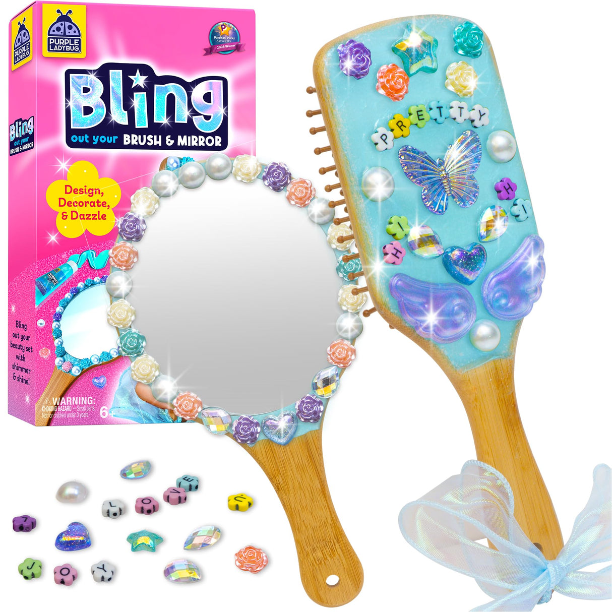 PURPLE LADYBUG Decorate Your Own Wooden Mirror & Brush Set - DIY Craft Kit for Girls Ages 4-8 8-12 with Glitter Glue, Beads, Gems, Butterflies, Ribbons - Birthday Gift for Girls 4 5 6 7 8 9 10 11 12 PURPLE LADYBUG