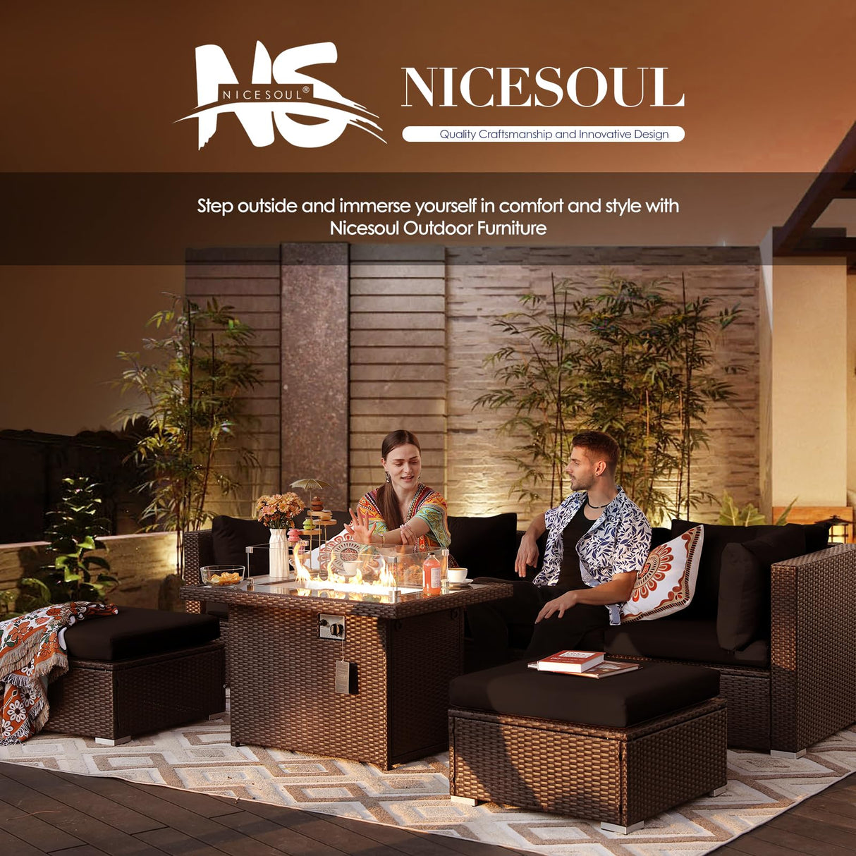 NICESOUL Outdoor Patio Furniture Set with Fire Pit Natural Gas/Propane, 29.3'' High-Back XL Large Conversations for Exteriors, 9-Seater Wide Deep Seating Rattan Sectional Sets, Brown and Black NICESOUL