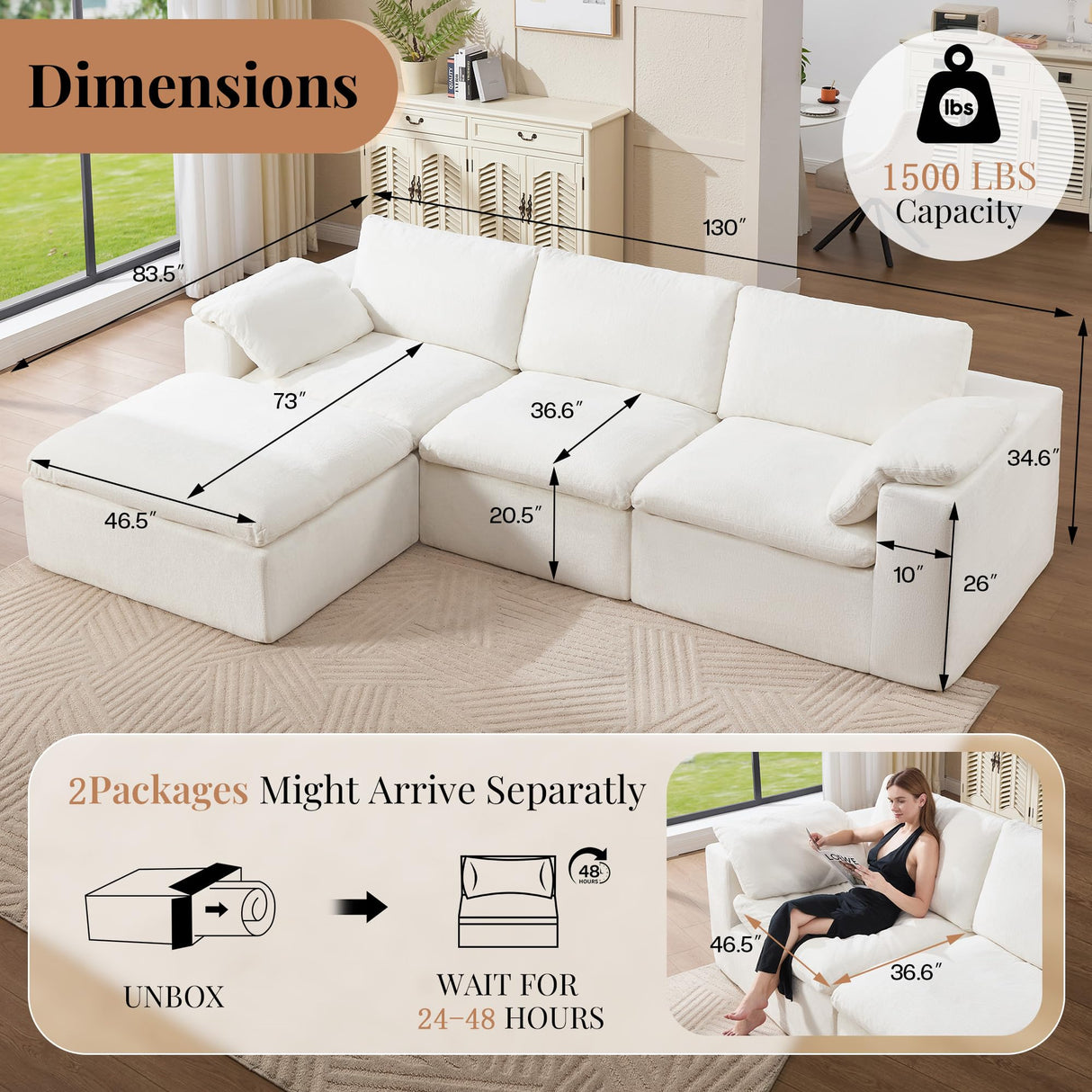 Jocisland 130 inch Cloud Couch Sectional, No-Assembly Modular Sectional Sofa with 83.5 inch Deep Chaise, Oversize Cloud Couch for Living Room, White Chenille Jocisland