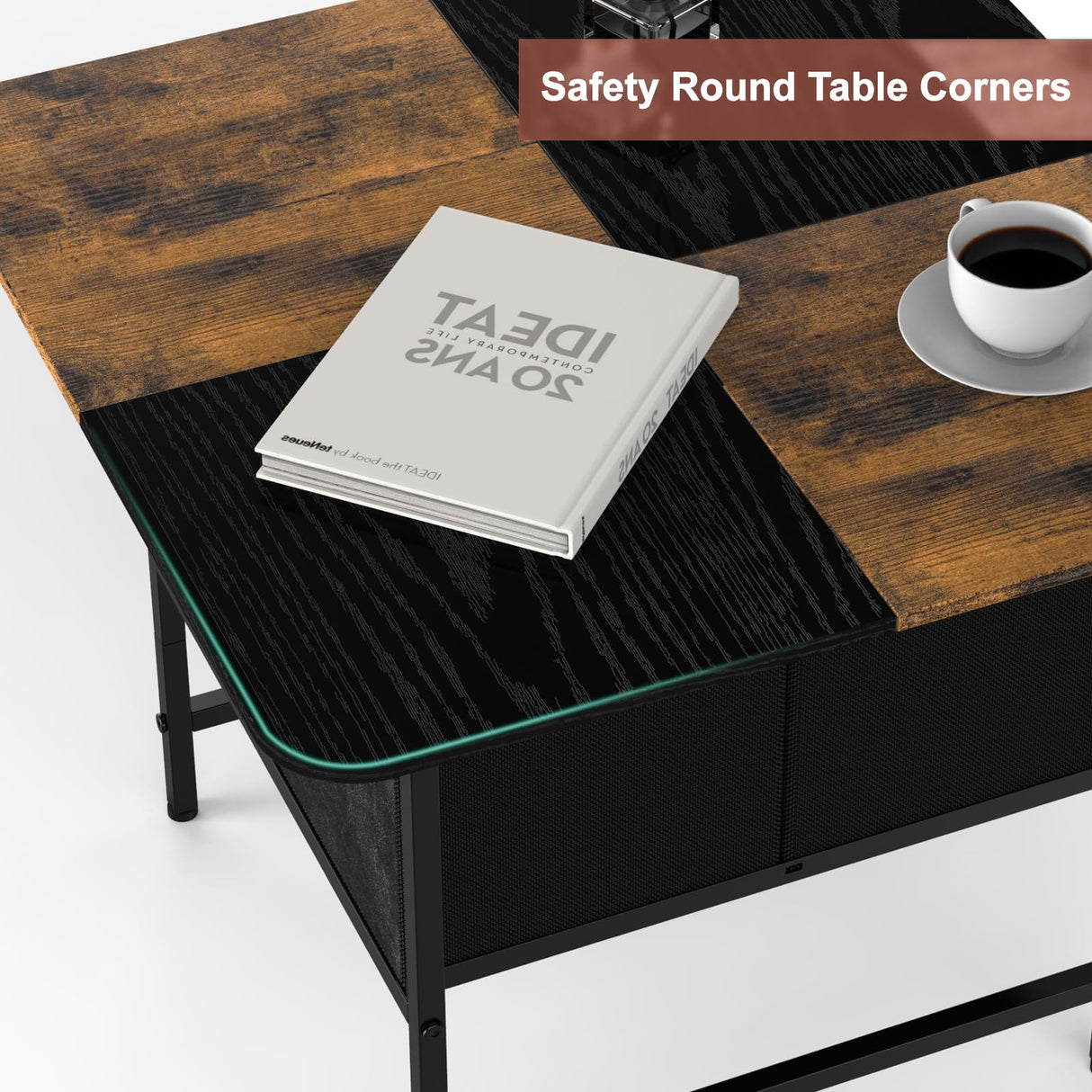 SHINOSKE Square Coffee Table with Round Corners,2 Tier Farmhouse Small Coffee Table for Small Space,Modern Low Center Living Room Tables with 2 Storage Drawers for Apartment,Office,Outdoor,Black Brown Shinoske