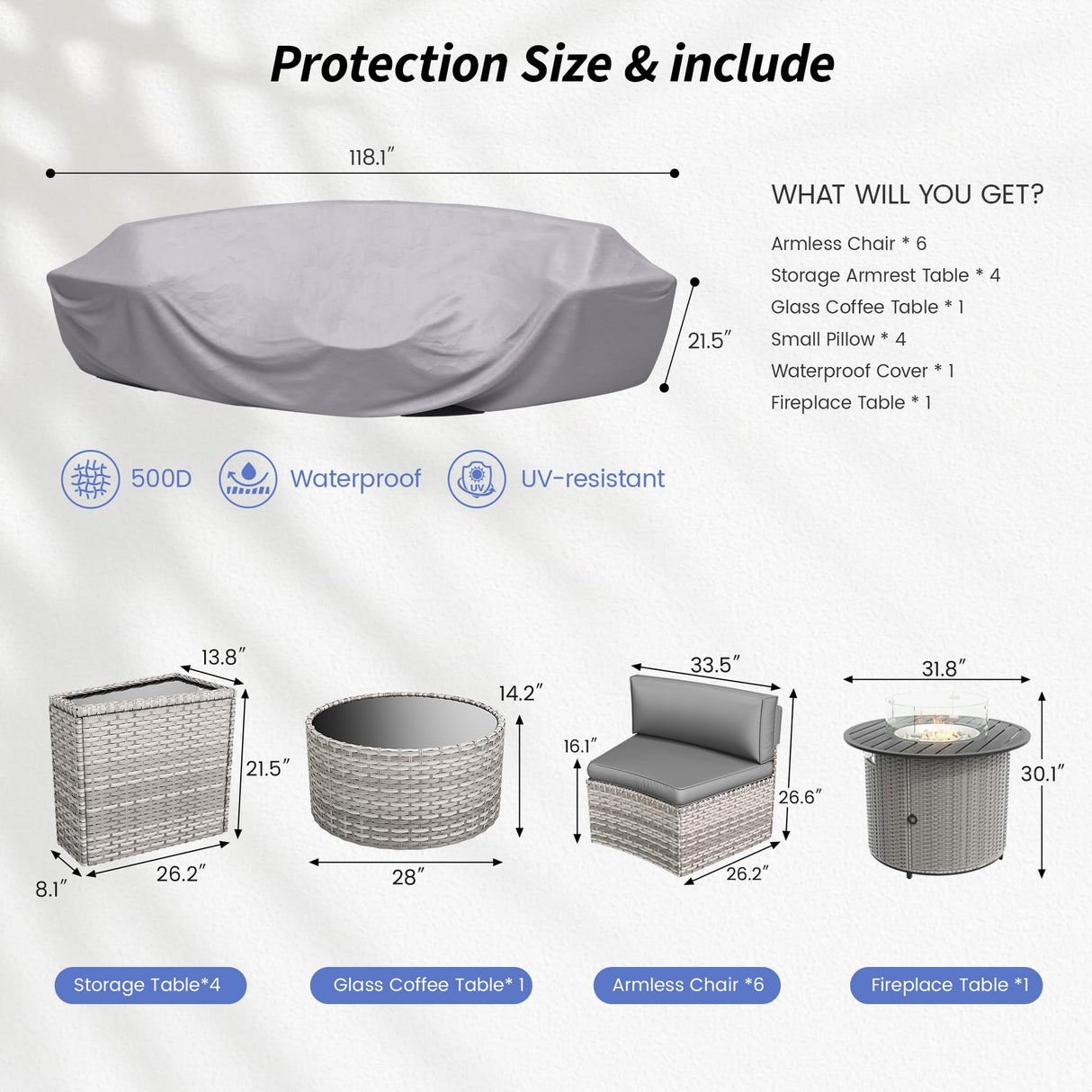 VONZOY Patio Sectional Furniture Outdoor 12-Piece Grey Rattan Curved Sofa Set with Fire Pit Table,Storage Table,Pillows,Fit for Pool Backyard Balcony Porch Lawn (Grey) VONZOY