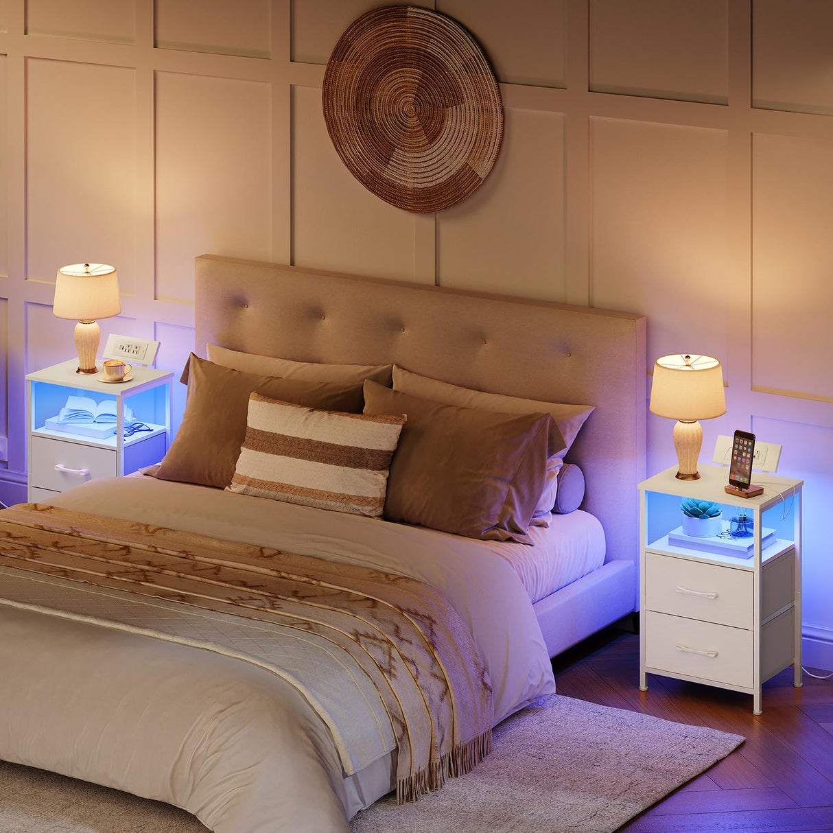 HOOBRO Nightstand with Charging Station, Bedside Table with LED Lights and 2 Fabric Drawers, End Table with 2 AC Outlets and USB Port, Small Night Stand for Bedroom, White WT118UDBZ01 HOOBRO