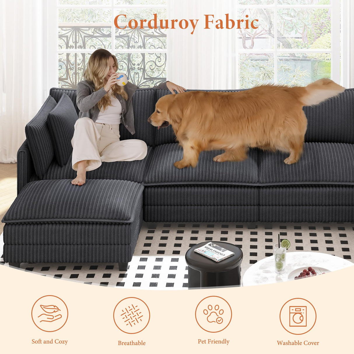 Vesgantti 109" U Shaped Cloud Sectional Sofa, Comfy Corduroy Upholstered Sectional Modular Sofas for Living Room, Modern Modular Couch with 2 Ottoman Deep Seat, Dark Grey Vesgantti