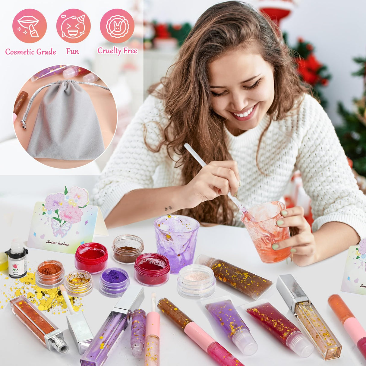 JCOOS Lip Gloss Making Kit, Make Your Own Lip Gloss Kit for Women Beginner, Girls, Diy Lipgloss Making Kits Lip Oil, Moisturizing Base, Pigments, Tubes, Women Gifts Unique, Popular Teen Girl Stuff Jcoos