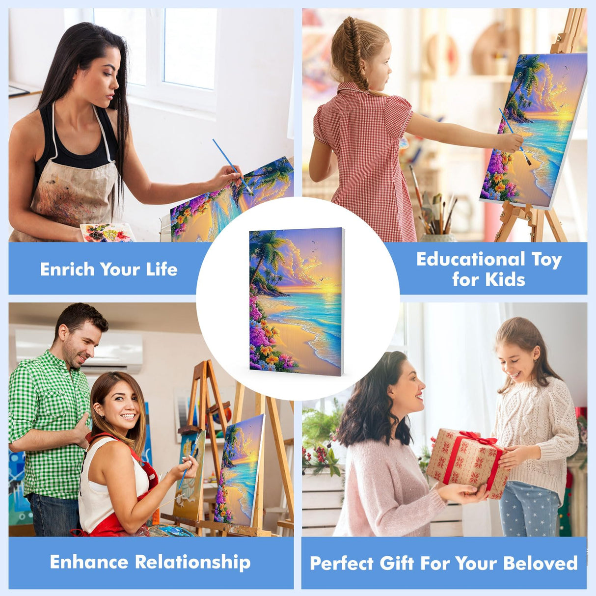 Bowetile Framed Paint by Numbers Sea for Adults Beginners, Adults' Paint-by-Number Landscape Kits, Easy Adult Paint by Number Kits on Canvas, Acrylic Number Painting for Home Decor, 8x12in Bowetile