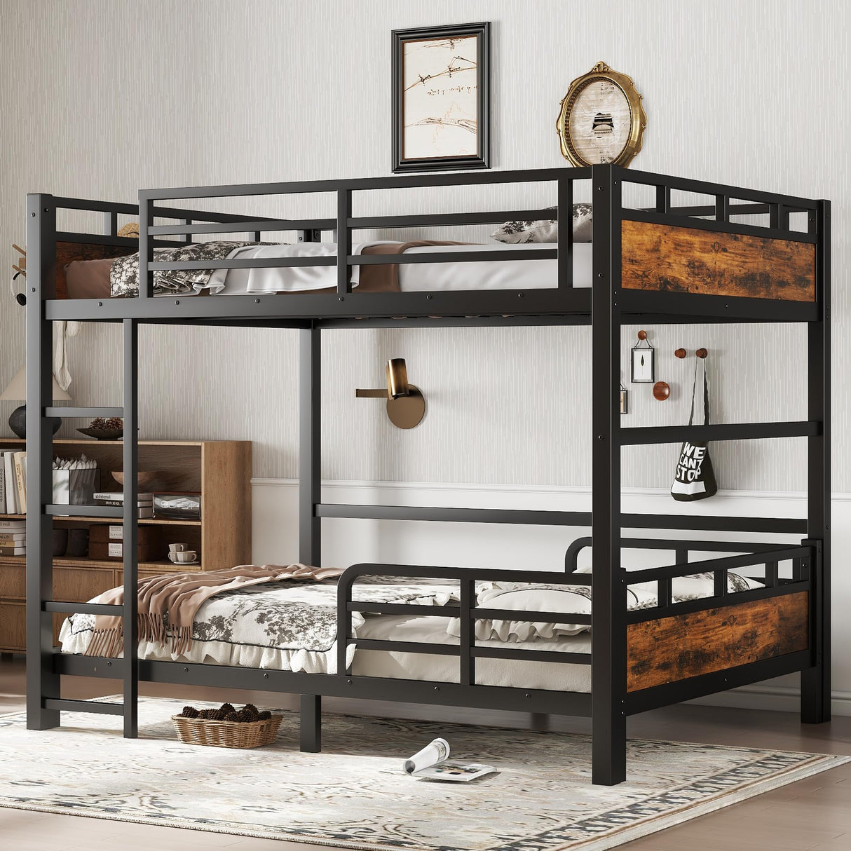 Full Over Full Bunk Bed with Headboard and Full Length Guardrail, Separable Bunk Bed Full Size, Heavy Duty Bunk Beds Can Turns Into Loft Bed and Platform Bed, Black Bellemave