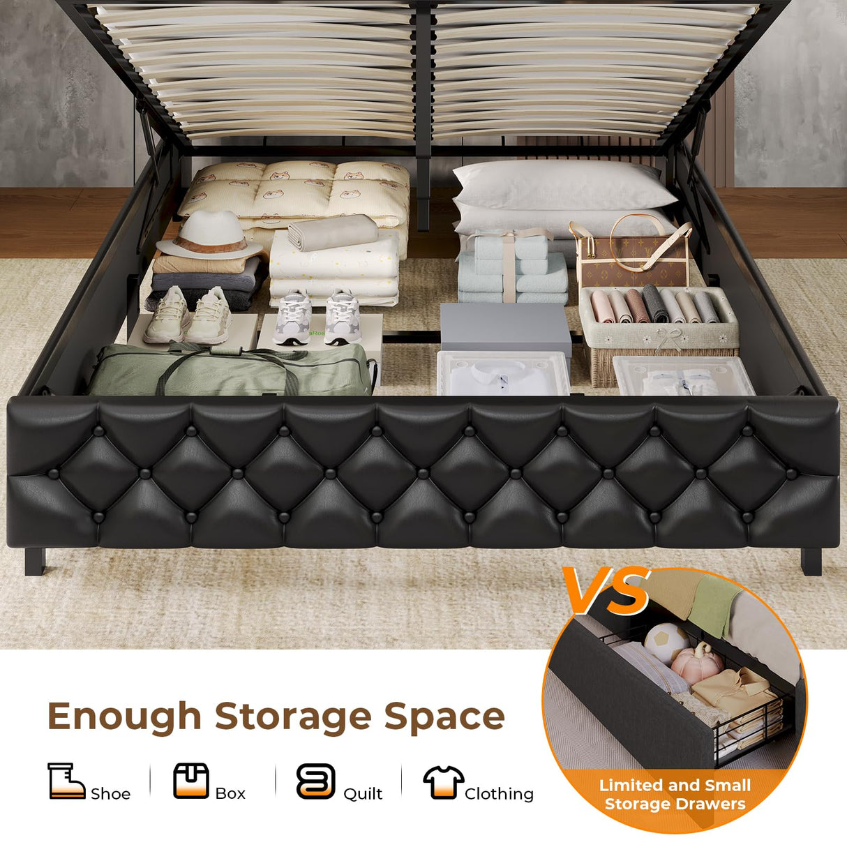 ADORNEVE Queen Bed Frame with LED Headboard, Hydraulic Lift Storage, and Built-in Charging Station in PU Black ADORNEVE