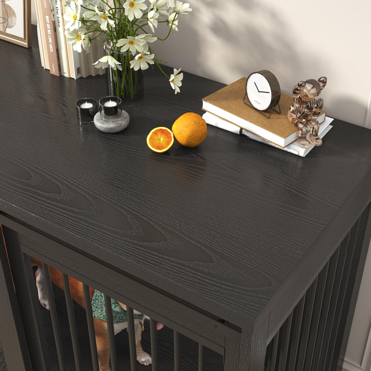 87In Farmhouse Dog Crate TV Stand, Wooden Dog Kennel Furniture with Sliding Metal Mesh Barn Door, Large Dog Crate Furniture for 2 Dogs, Solid Metal Tube & 2 Lockable Doors, Black jiteentarou