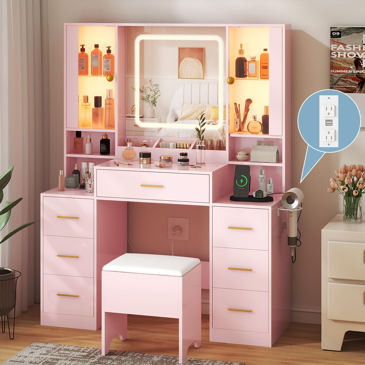 HUANLEGO Makeup Vanity Desk with Mirror and Lights, Pink Vanity Mirror with Lights Desk with Chair & LED Glass Cabinet, Vanity Set with Lighted Mirror & Power Outlet, Dressing Table with 7 Drawers HUANLEGO