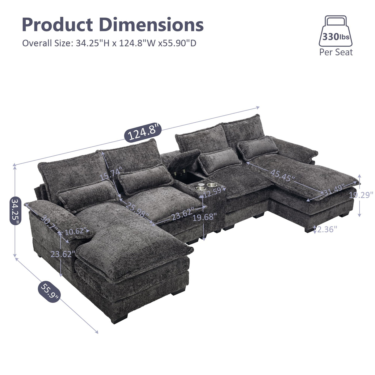 Suheww U Shaped Modular Sectional Sofa, 124.8" Cloud Couch for Living Room, Grey Fluffy Chenille Couch with Console Cupholders and USB Port Comfy Sofas for Apartment Studio Office Suheww