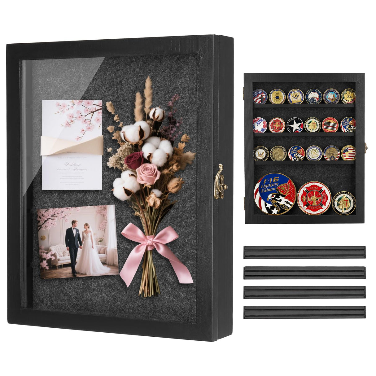 Black Shadow Box Frame 11X14 with Shelves, Medal/Challenge Coin Display Case, Pet Memorial/Wedding Shadow Box, Best Anniversary/Birthday/Bridal Shower/Engagement/Wedding Registry/House Warming Gifts AW BRIDAL